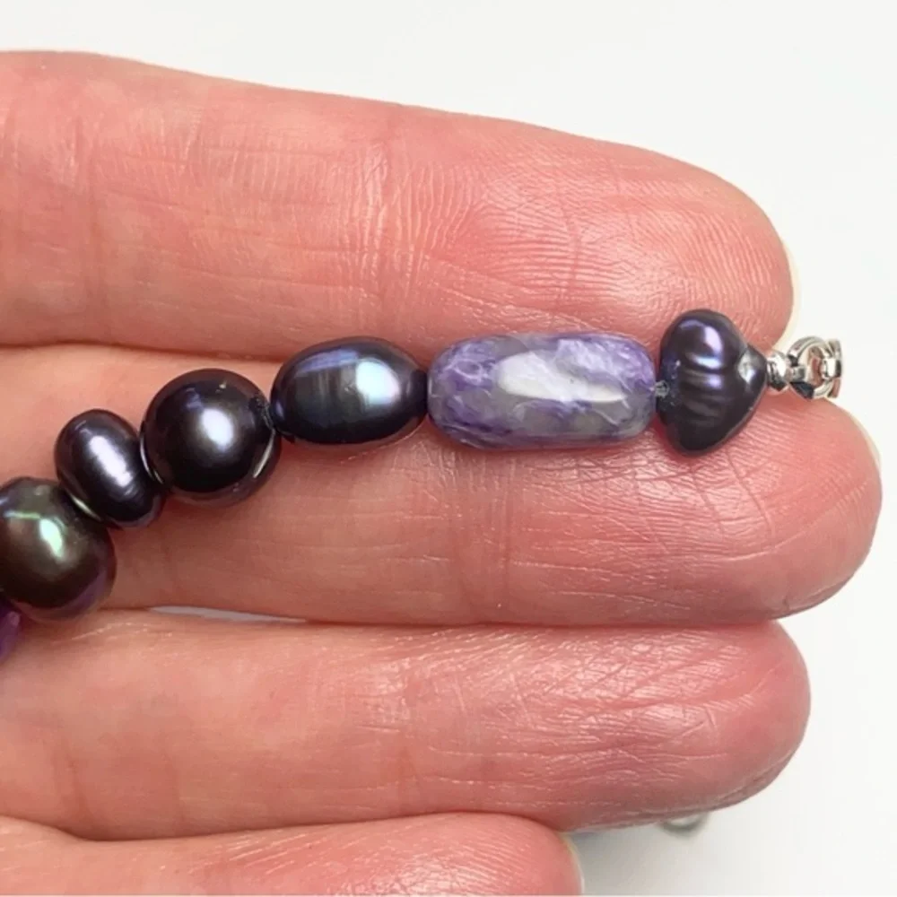 Genuine Freshwater Peacock Baroque Pearls & Amethyst Beads 925 Silver‎ Bracelet